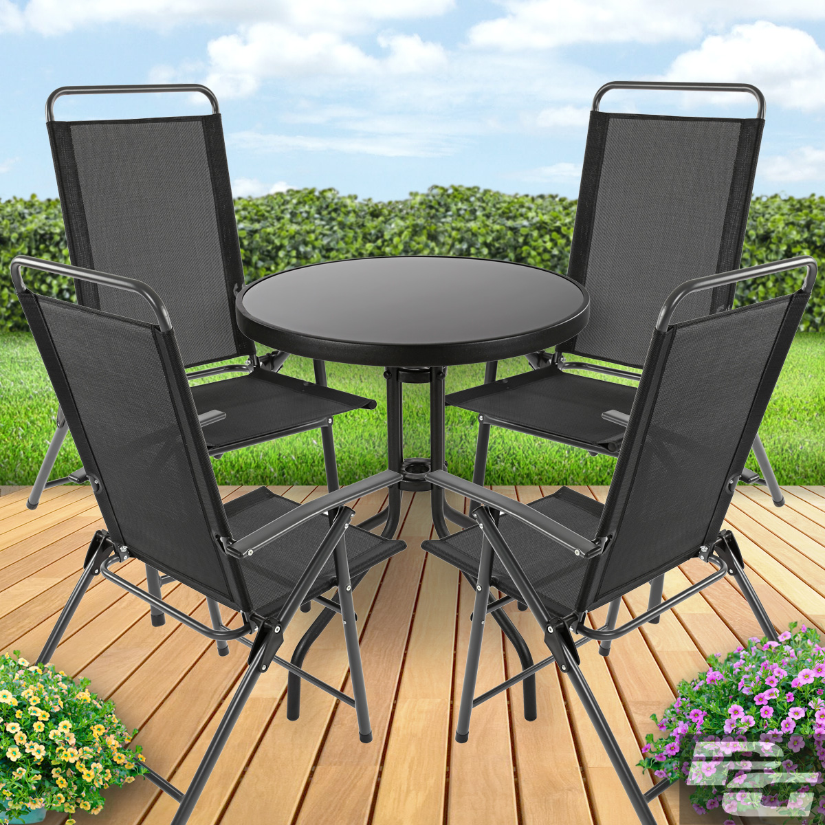 Gartenmöbel Set Glastisch rund Klappstuhl Sitzgruppe Gartengarnitur