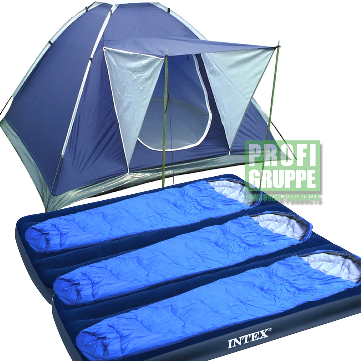 PREMIUM CAMPING SET (3 Personen) IgluZelt / 2x Intex Luftbett / 3x