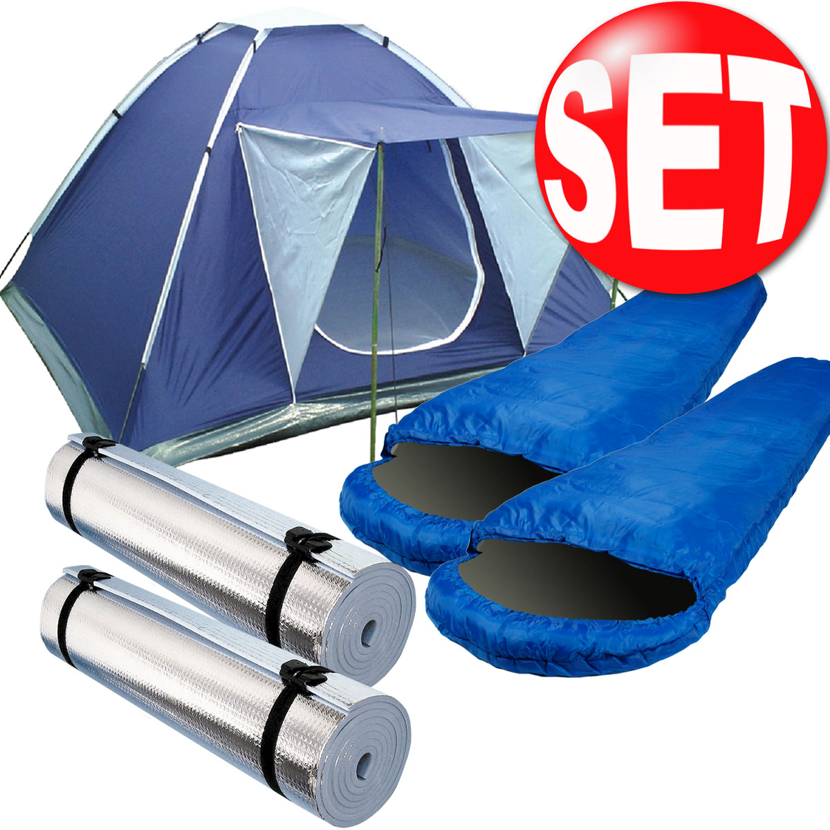 Camping Set Zelt Igluzelt + 2x Luftbett + 2x Schlafsack + 2x Isomatte 3